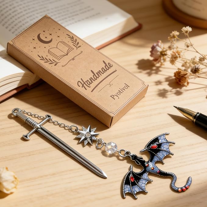 Vintage Fourth Wing Bookmark, Sword Bookmarks with Gray Dragon Chain Pendant-Fantasy, Cool Book Mark for Reading Women, Men, Book Lovers, Girls, Teens and Students