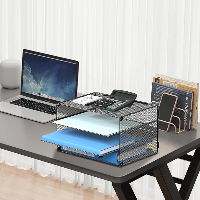 DALTACK 3 Tier Letter Tray Paper Organizer for Desk, Mesh Metal Desk File Organizer with Sliding Trays for Letter/A4 Paper, Mail, Bills & Folders, Black