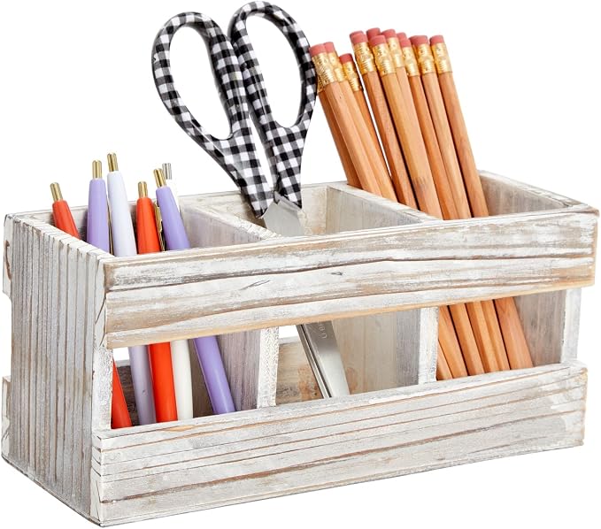 Juvale Farmhouse Decor 3-Compartment Pencil Holder & Desk Organizer - 9.5 x 4.25 x 4 in - Cedarwood Rustic Finish - Rustic Pen Organizer for Office & Classroom