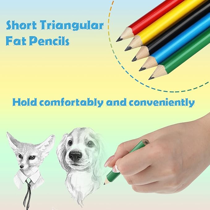 Marspark 30 Pcs Short Triangular Fat Pencils Bulk 3.5 Inch Wooden Triangular Jumbo Pencils with Sharpener and 2 Erasers for Preschoolers, Kindergarten, Toddlers, Beginners and School(Vivid Colors)