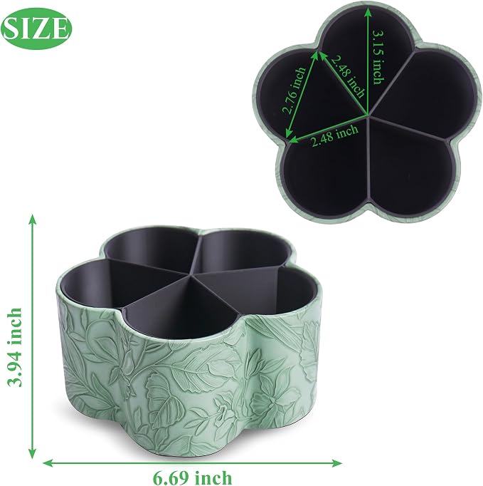 Flower Shaped Leather Art Supply Organizer,Remote Control Holder,360 Degree Spinning,Multi-Functional Pencil Holder,5 Compartments Desktop Stationary Organizer(1-Flower Green)