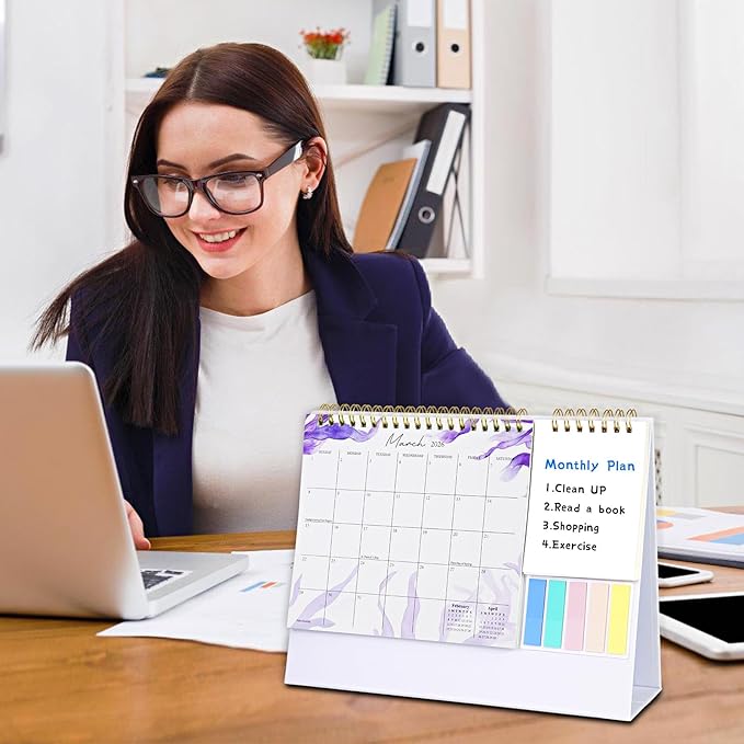 Desk Calendar 2026 Small Flip Calendar Standing Office Desktop - From Jan to Dec 2026, Small Desktop Monthly Calendar 2026 with Writing Notepads and Sticky Notes for Office Home, Purple