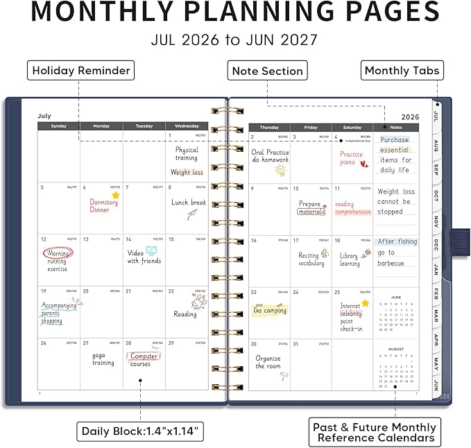 AHGXG Academic Planner 2026-2027, July 2026 - June 2027, Weekly and Monthly, 5.7" x 8.3", Calendar, Agenda for Women, Teacher, Student, School, 12-Month Tabs (Blue)