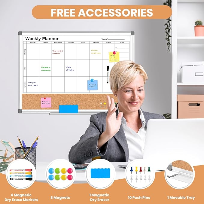 Weekly Dry Erase Calendar Whiteboard for Wall, 24" x 18" Double-Sided Weekly Planner White Board Cork Combo, Hanging & Wall Mount Week Bulletin Board with Notes for Home, Office, School, Kitchen