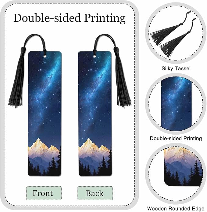 Starry Night Bookmarks 5 Pcs Sparkling Stars Mountain Tree Space Wooden Bookmark with Tassels for Reading Book Lovers Gift Office School Readers Teacher