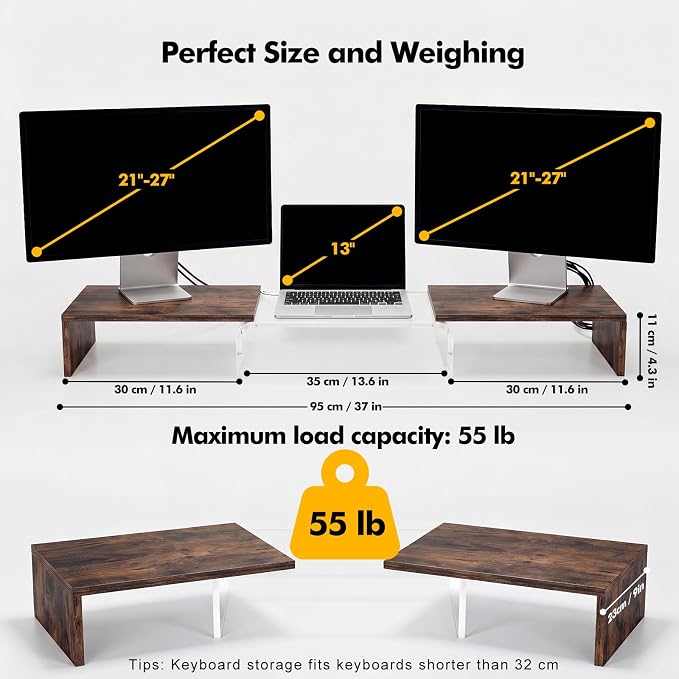 Dual Monitor Riser, Acrylic Monitor Riser, Adjustable Angle & Length Computer Monitor Stand, Wide Desk Shelf for Top of Desk for Home Office_Wood Look Small