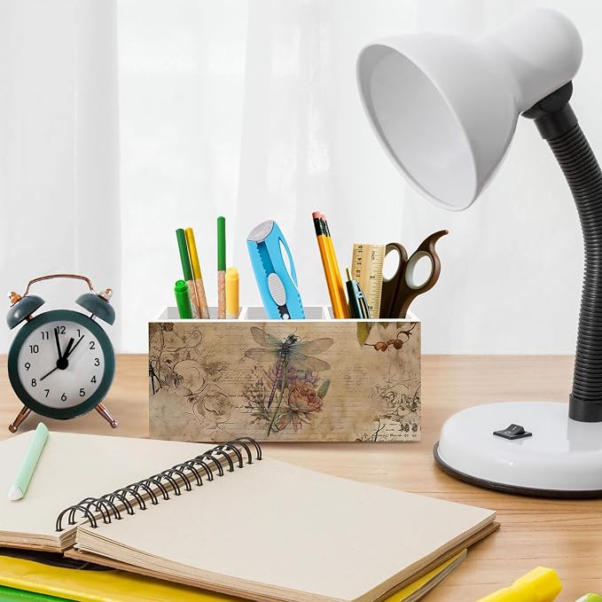 Dragonfly Pen Pencil Holder for Desk, Retro Dragon Fly Floral Office Desk Accessories, Dragon Fly Pen Holders Organizer for Office Classroom Bathroom, Dragonfly Gifts for Women