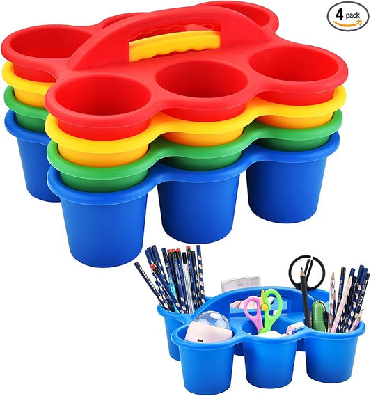 NINU 4 Pack Classroom Caddy Organizer with Handle, Plastic Drink Cup Caddy Holder, 6 Compartments for Kids, Table, Office, Arts, Crafts, Crayon, Marker, Pencil, School Supplies - 4 Colors