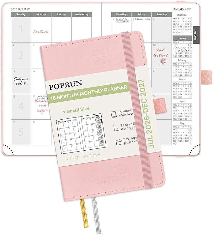 POPRUN Pocket Monthly Planner 2026-2027 (Pocket- 4''x 6.25''Soft Leather Cover) - 18 Month Calendar Book for Purse (Jul.2026-Dec.2027), 100 GSM Thick Paper - Pink