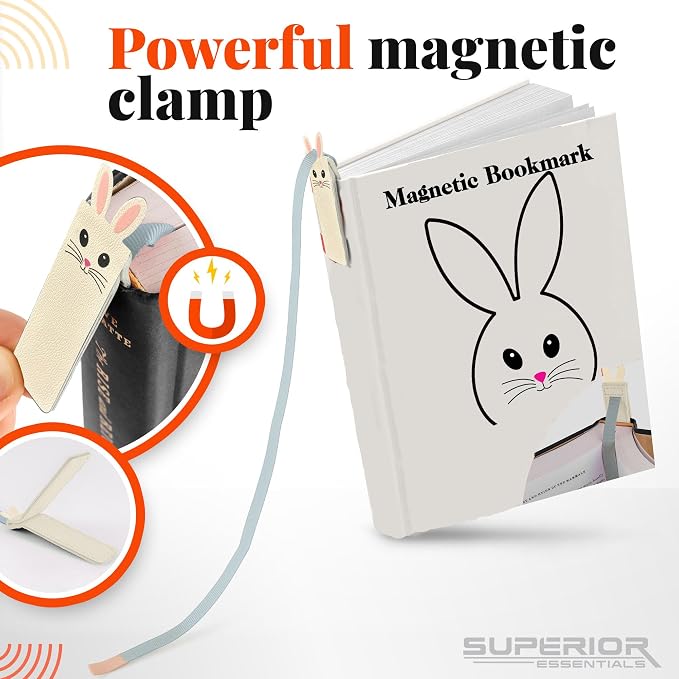 Superior Essentials Magnetic Bookmark-Genuine Leather, Single Long Ribbon Bible Bookmark for Book Lovers-Amplify Your Love for Books with Our Elegant Ribbon Page Marker (Bunny, 1PC)
