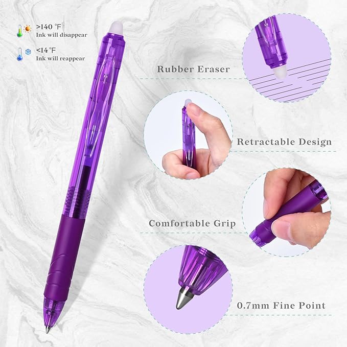 Temiary 12Pcs Erasable Gel Pens Multicolor, Easy to Erase No Smudge, Fine Point Colorful Pen Smooth Writing for Note Taking, Assorted Color Ink for School Office Stationary (0.7 mm)