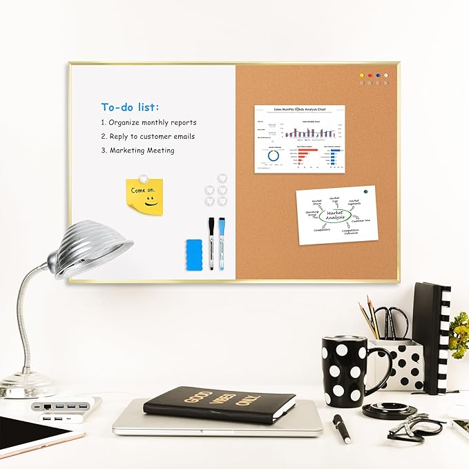 White Board Cork Board Combo, 24'' x 18'' Magnetic Dry Erase Board and Bulletin Board, Gold Aluminum Frame Vision Board Message Board for Home Office School Dorm