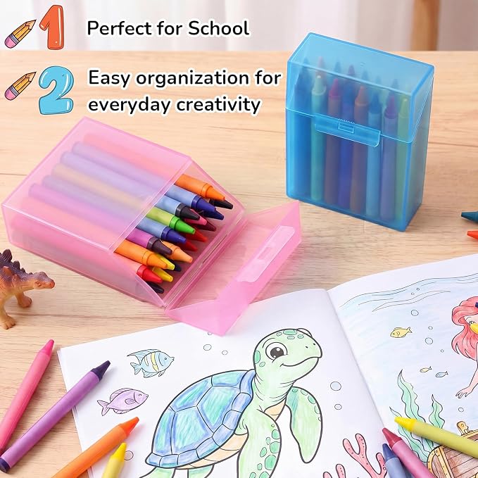 Clabby 24 Pcs Plastic Crayon Organizer Case for 24 Count Crayons Kids Art Supply Storage Box with Lid, Portable Holder for Classroom Home Travel, Fits Standard 24-Pack Crayon (Pink,Blue,Green,Clear)