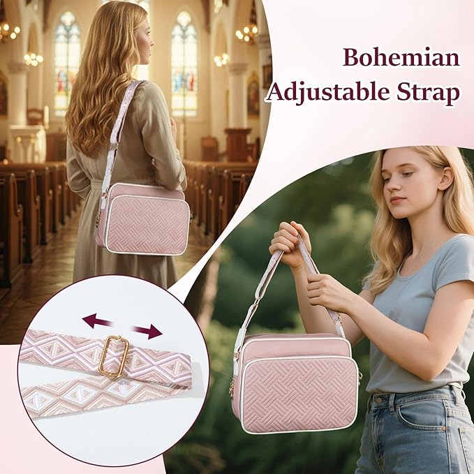 MHJY Bible Bag Leather Bible Cover Case for Women Zipper Quilted Bible Cover with Bible Tabs and Shoulder Strap Crossbody Purses for Book Cover