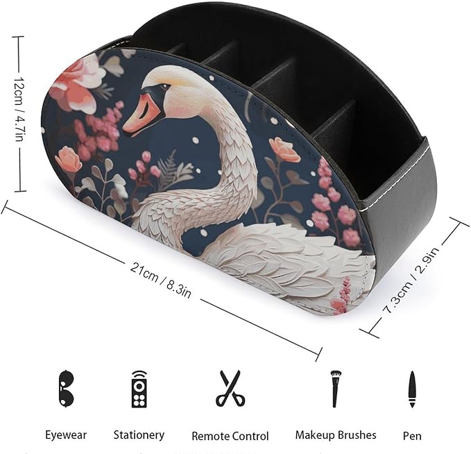 Floral Swan Remote Control Holder TV Remote Caddy with 5 Compartments PU Leather Storage Box Stylish Desk Organizer for TV/DVD/Accessories Desk Office Supplies Home