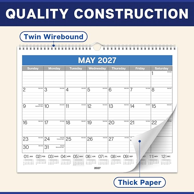 Dunwell 2026-2027 Wall Calendar 12x15 (Blue), July 2026 to December 2027, 12 x 15 Large Lined Monthly Academic Hanging Calendar, Professional Style for Home, Office, School or Organization