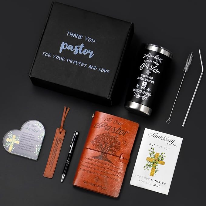 Pastor Gifts, Pastors Appreciation Gifts 7pcs Set For Men, 20oz Tumbler Leather Journal Cards Signs Pen Bookmark for Christian Christmas Birthday Retirement Anniversary