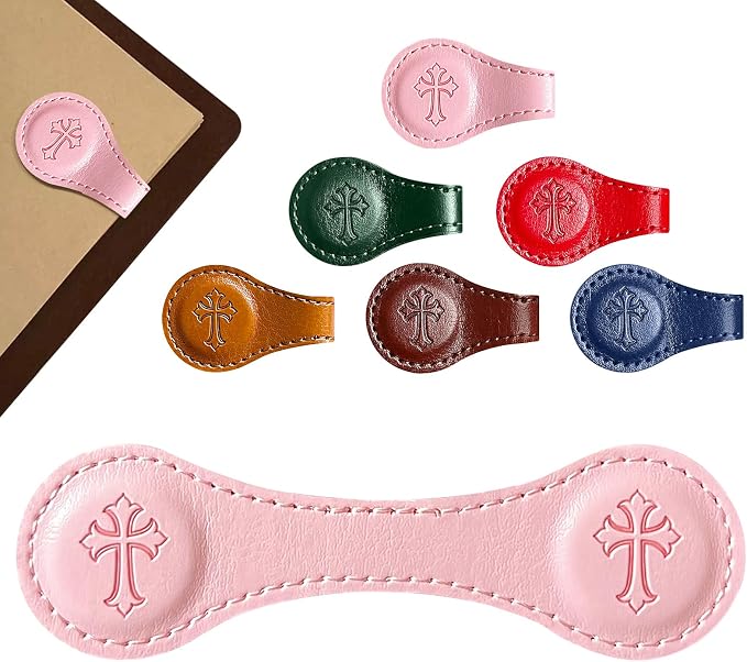 Leather Magnetic Bookmarks, 3D Embossed Alphabet Initial Letter Bookmark, Cute Page Markers for Books, Journals, Planners, Bible, Small Reading Gifts for Women Men, Teachers, Students (Pink Cross)