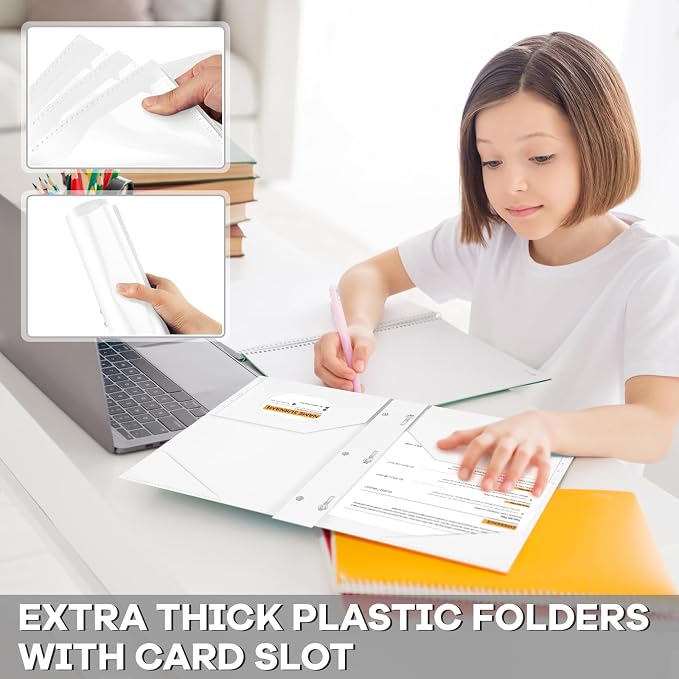 Henoyso 18 Pcs Plastic Folder with Clear Front Pocket and 3 Prong Plastic Folders with Card Slot Pocket Folders with Prongs for School Office (White)