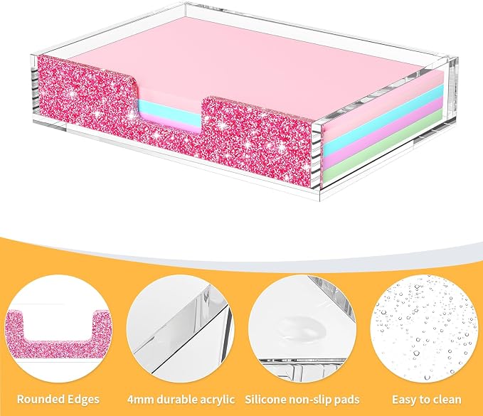 Acrylic Notepad Dispenser Organizer - 4 x 6 in Clear and Glitter Pink Sticky Note Holder W/O Pads Memo Holder for Dorm Room School Classroom Office Desk Organizer Aesthetic Supplies