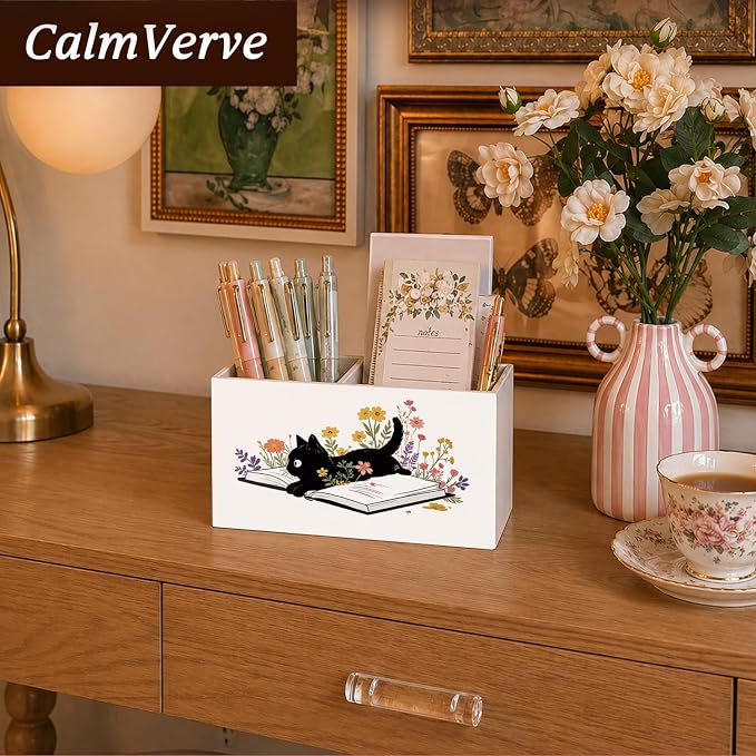 Cat Book Pen Pencil Holder for Desk Cat Lovers Gifts, Black Cat Lovers Gifts for Women,Floral Book Wooden Box Sign Decorations for Reading Room Corner Nook Desk Tabletop