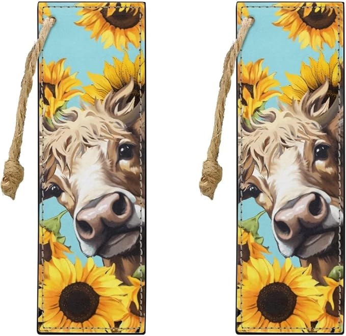 2 Pack Leather Cow Sunflower Bookmark Bookmarks for Teachers, Students, Book Lovers Pocket Kitten Fun Book Marks for Reading Cool Bookmarks, Adults Kids