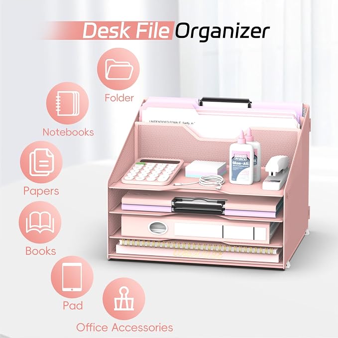 Desk File Organizer, Paper Organizer with 4 Letter Trays and 2 Vertical Upright Sections, Desk Organizers and Accessories for Office, School, Home (Pink)