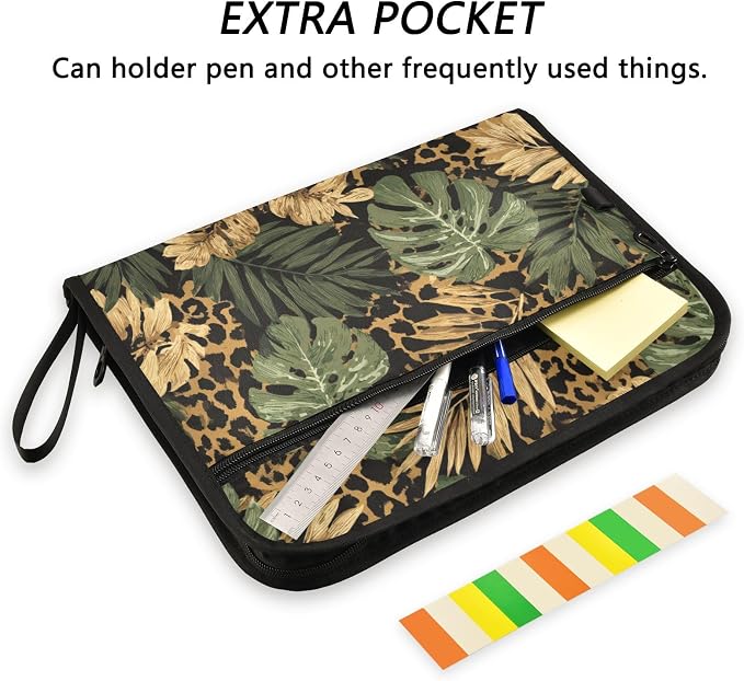 ALAZA Retro Palm Leaves Leopard Spots Expanding Filing Folder, 13 Pockets Expandable Document Organizer Folder with Zipper Closure for Home Office A4 Letter Size Paper Document