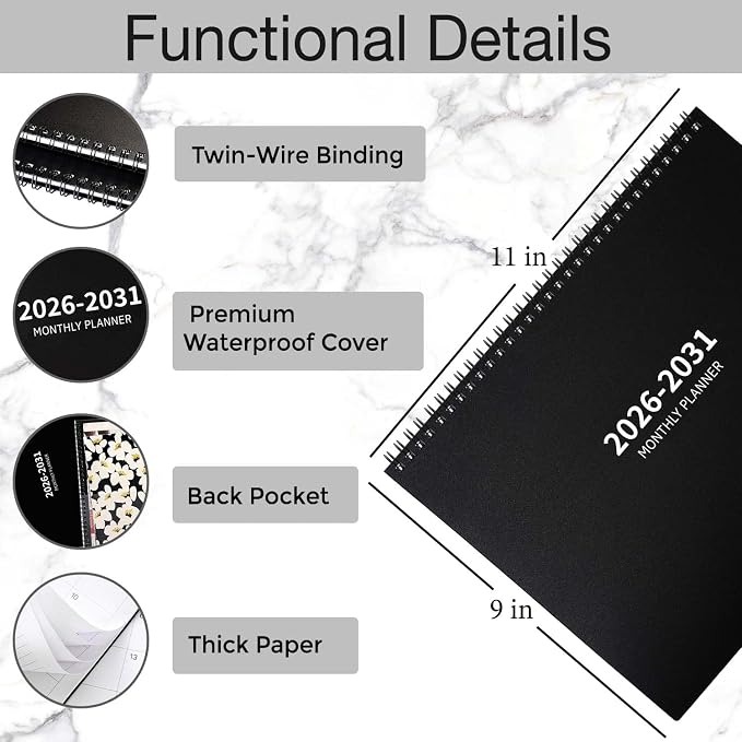 2026-2031 Monthly Planner - 5 Year Planner/Calendar 2026-2031, Jul 2026 - Jun 2031, 9" x 11", Tabs, 60 Months Flip Calendar, Spiral Bound Top, Black
