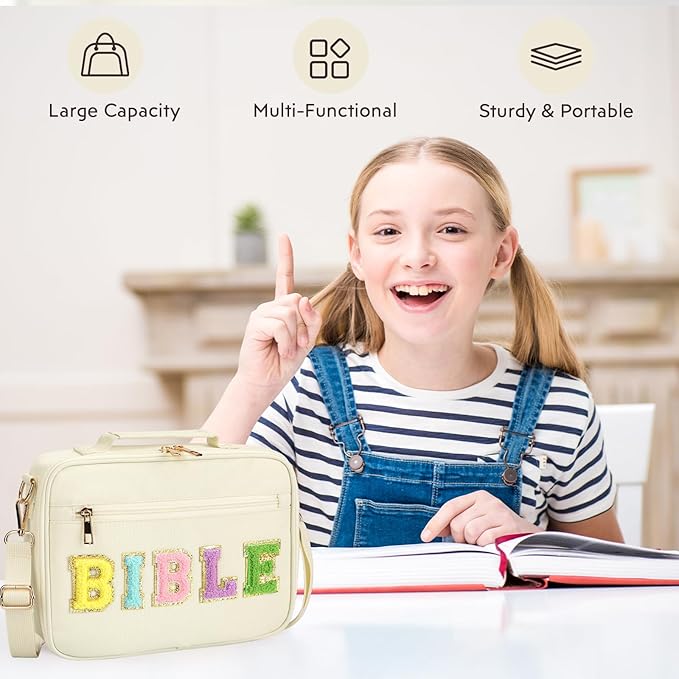 Bible Cover Case for Women Grils, Preppy Bible Bag with Adjustable Shoulder Strap, Waterproof Bible Carrying Tote Bags Holder for Bible Study Supplies Accessories & Christian Gifts (Beige)