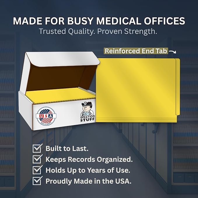 Yellow File Folders, Doctor Stuff, Letter Size Reinforced End Tab Folder, 14 pt Stock, Box of 50