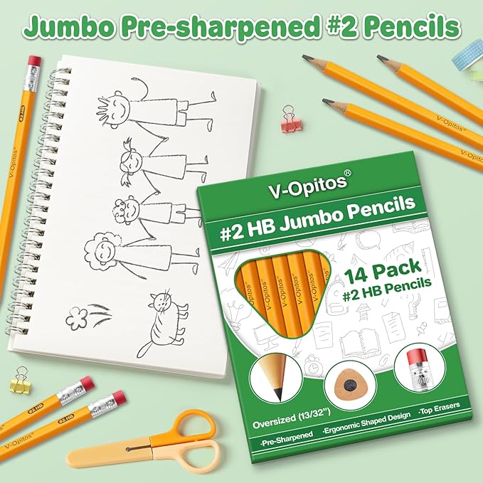 V-Opitos 14 Pack Jumbo #2 HB Pencils for Kids, Triangle Shape Pre-sharpened Wood-Cased Pencil with Top Eraser, Toddler First Pencils, Ideal Home, Kindergartens, School Classroom Supplies