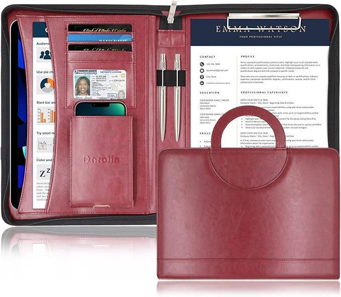 Darolin Zippered Leather Padfolio Portfolio with [Hidden Handle] and [Clipboard], Business Conference Organizer Notepad Folder, Portfolio Bag for Women/Men (Redwine)