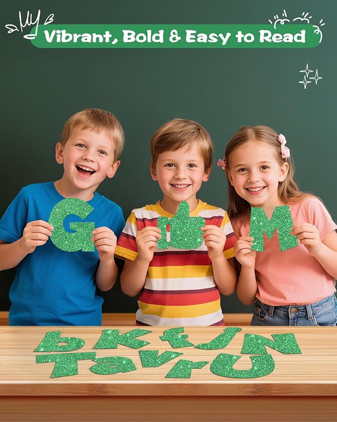 249 Pcs Glitter Bulletin Board Letters Numbers and Punctuation, 4 Inch Alphabet Poster Board Cardboard Letter Cutouts with Adhesive Dots for Classroom Bulletin Board School Decorations (Green)