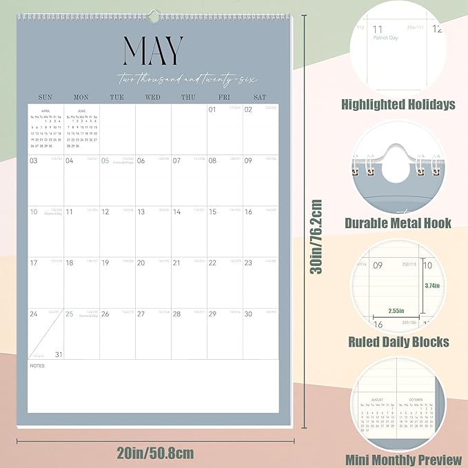 GuassLee Extra Large Wall Calendar 2026-2027,20"x 30" Vertical Jumbo Desktop/Wall Calendar from Jan. 2026 to Jun. 2027,18-Month Hanging Planner with Julian Date for Office Home Organizing
