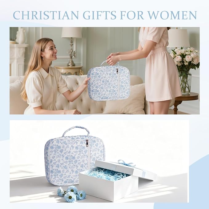 Bible Cover Case for Women Large Quilted Bible Carrying Bag with Handles Bible Study Supplies & Accessories Christian Gifts for Women(Blue Flower, M)