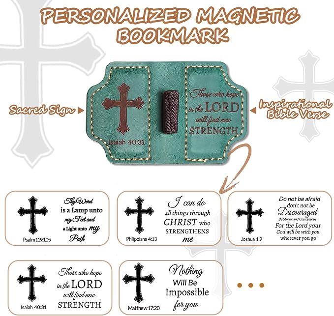 Bygone Mark Personalized Magnetic Leather Bookmark with Pen Holder,Inspirational Bible Verse Religious Bookmarks,Christian Book Lovers Reading Accessory for Men Women (Green, lsaiah 40:31)