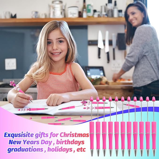 300 Pieces DIY Beadable Pen Kit – 100 Plastic Ballpoint Pens with Refills & Bags – School Supplies, Office Accessories & Decorative Items for Students & Teachers (Rose Red)