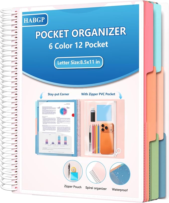 HABGP 12 Pocket Plastic folders with Pockets, 6 Colors Multi Pocket Folder Binder Dividers, Multi-Subject Project Organizer for Office, School Supplies, Letter Size