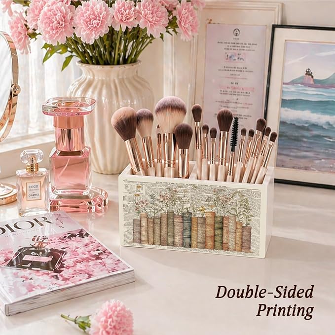 Vintage Book Floral Pen Pencil Holder for Desk Book Lovers Reader Gifts, Reading Corner Nook Decor, Bookish Wooden Box Sign Decorations for Reading Room Classroom Bedroom Desk Tabletop