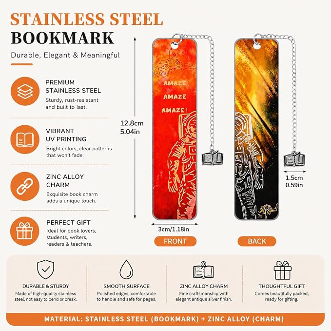 Project Hail Mary Inspired Metal Bookmark with Chain, Double-Sided Printed Stainless Steel Bookmark, Space Astronaut Design, Book Charm Pendant, Reading Gift for Sci-Fi Fans, Book Lovers(Project C)