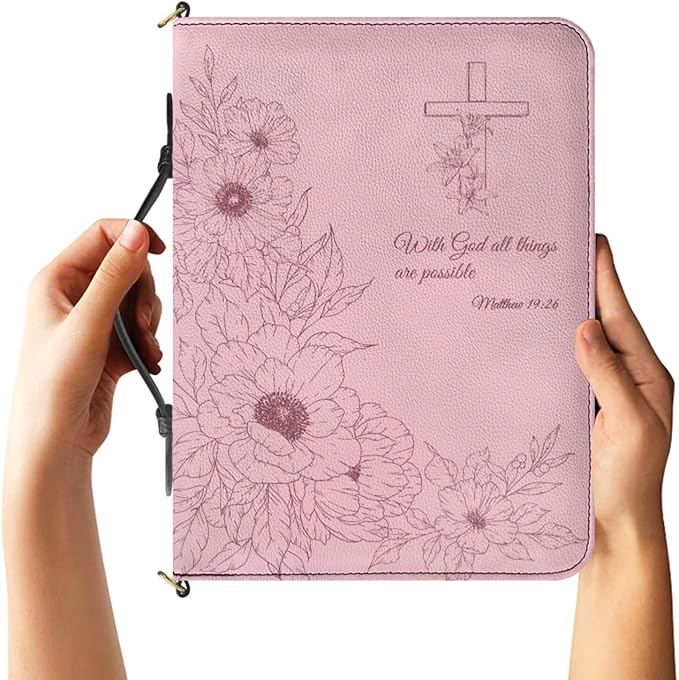 Pink Bible Covers for Women, Extra Large Faux Leather Bible Cover Case with Zipper, Handle & Detachable Adjustable Strap – Floral Design with Matthew 19:26 – Christian Gift for Church or Study