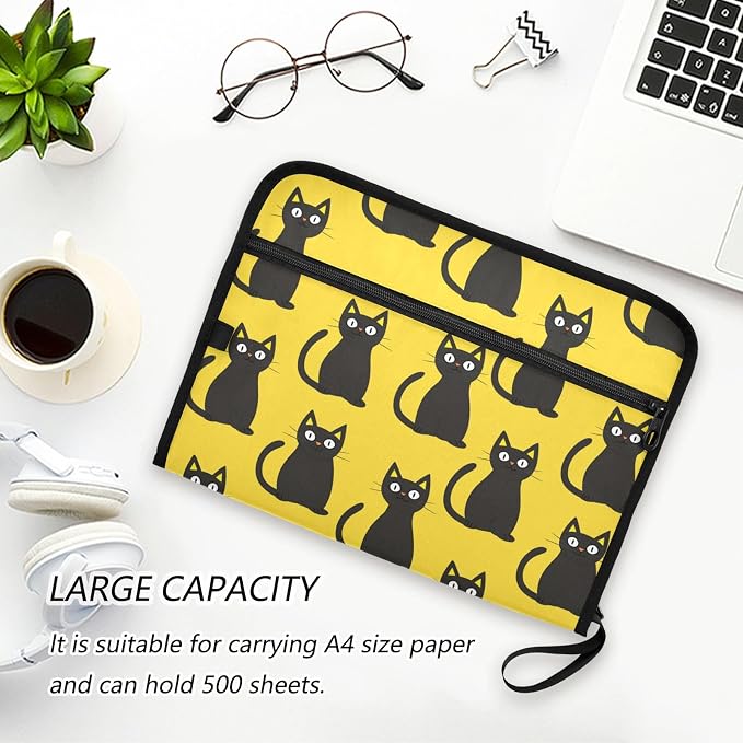 Black Cats Yellow File Folders,Plastic Folders with 13 Pockets,Expandable File Folder for Documents School Students Office,Aesthetic Folder with Labels A4 Letter Size