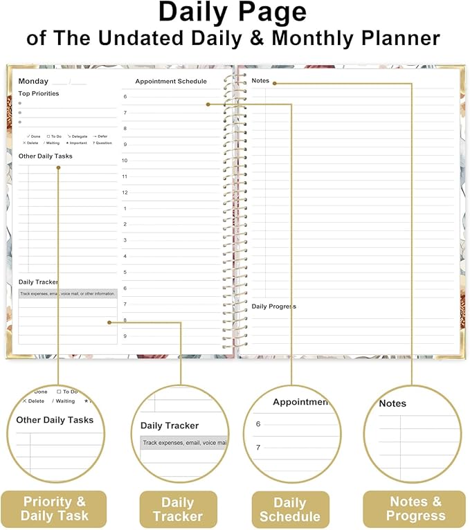 Undated Daily Monthly Planner for 2026 or Anytime - A4 To Do List with Hourly Schedule, Hardcover Spiral Bound Daily Planner to Increase Focus, Stylish School/Office Supplies, 8.5" x 11", Flower