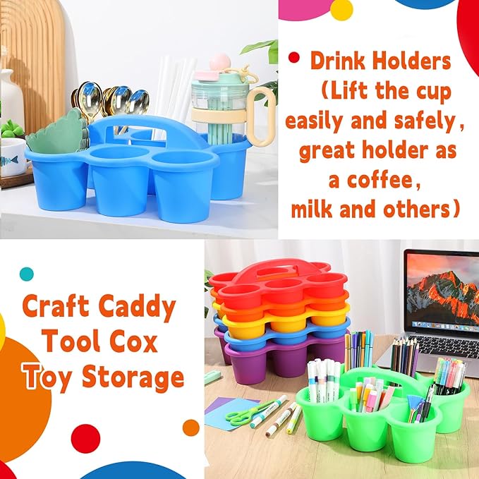 12 Pack Classroom Caddy Organizer with Handle Colorful Plastic Table Caddy Drink Cup Caddies Holder 12×9×3.5 Inch Storage School Supplies 6 Compartments for Table Crayon Pencil Cup Marker Craft