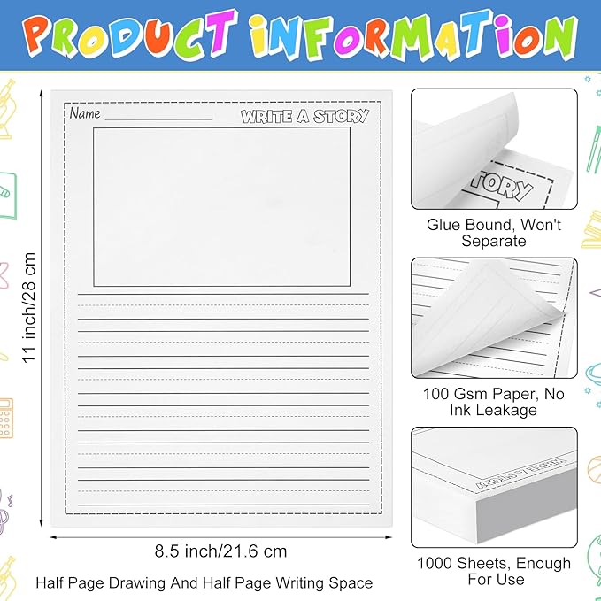 1000 Sheets Writing Beginner Paper for Kids Create Story, 8.5"x11" Handwriting Paper Bulk with Picture Space and Lines DIY Craft Writing Kit for Kids Journal Activity, Easter Gifts