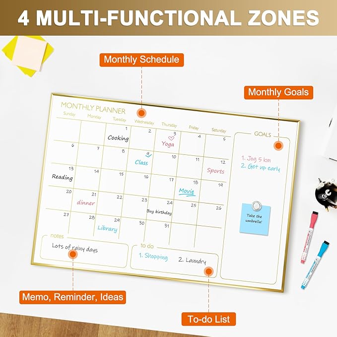Large Dry Erase Calendar Whiteboard for Wall, 36'' x 24'' Monthly White Board Planner with Gold Frame, Magetic Hanging Wipe Board for Home Office School Dorm