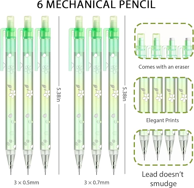6Pcs Cute Green Cherry Blossom Mechanical Pencils 0.5mm&0.7mm Mechanical Pencil Kawaii Pencils School Pencil for Students Women Office School Suppies