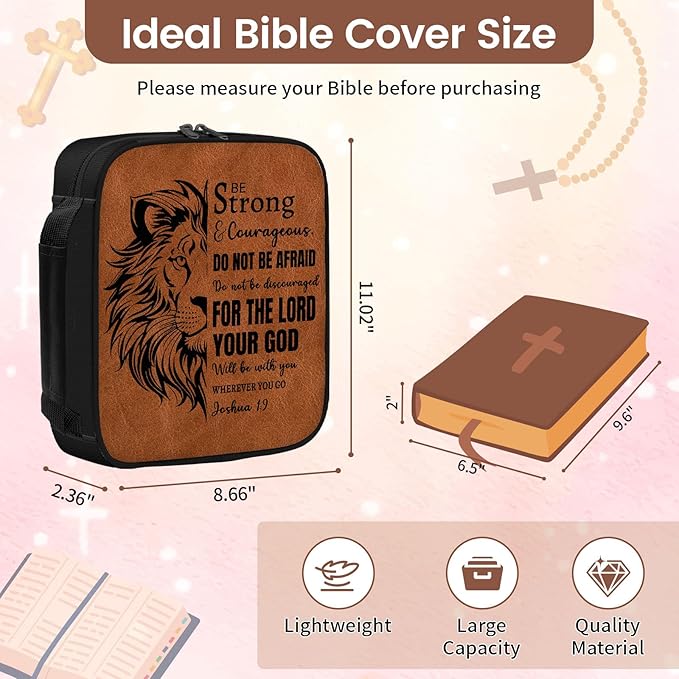 Bible Cover Case for Men - Christian Gifts for Men, Lion Religious Birthday Gifts, Spiritual Inspirational Catholic Gift, Carrying Book Cases for Man, Faith Based Cover Case for Bible, Brown