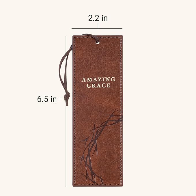 Christian Art Gifts Premium Vegan Leather Inspirational Scripture Bookmark for Men & Women: Amazing Grace, Crown of Thorns Design, Motivating Scripture, Durable Cord, Reading Accessory, Brown & Gold